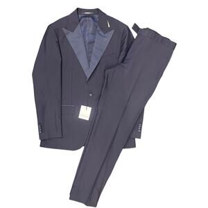 $995 New 2 PC Mens Suit Atelier munro sz38 us navy blue tuxedo satin lapel